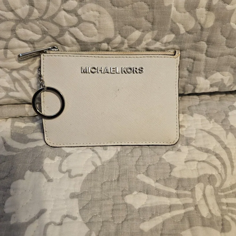 Michael Kors White Saffiano Leather Zip Card Case Keyring